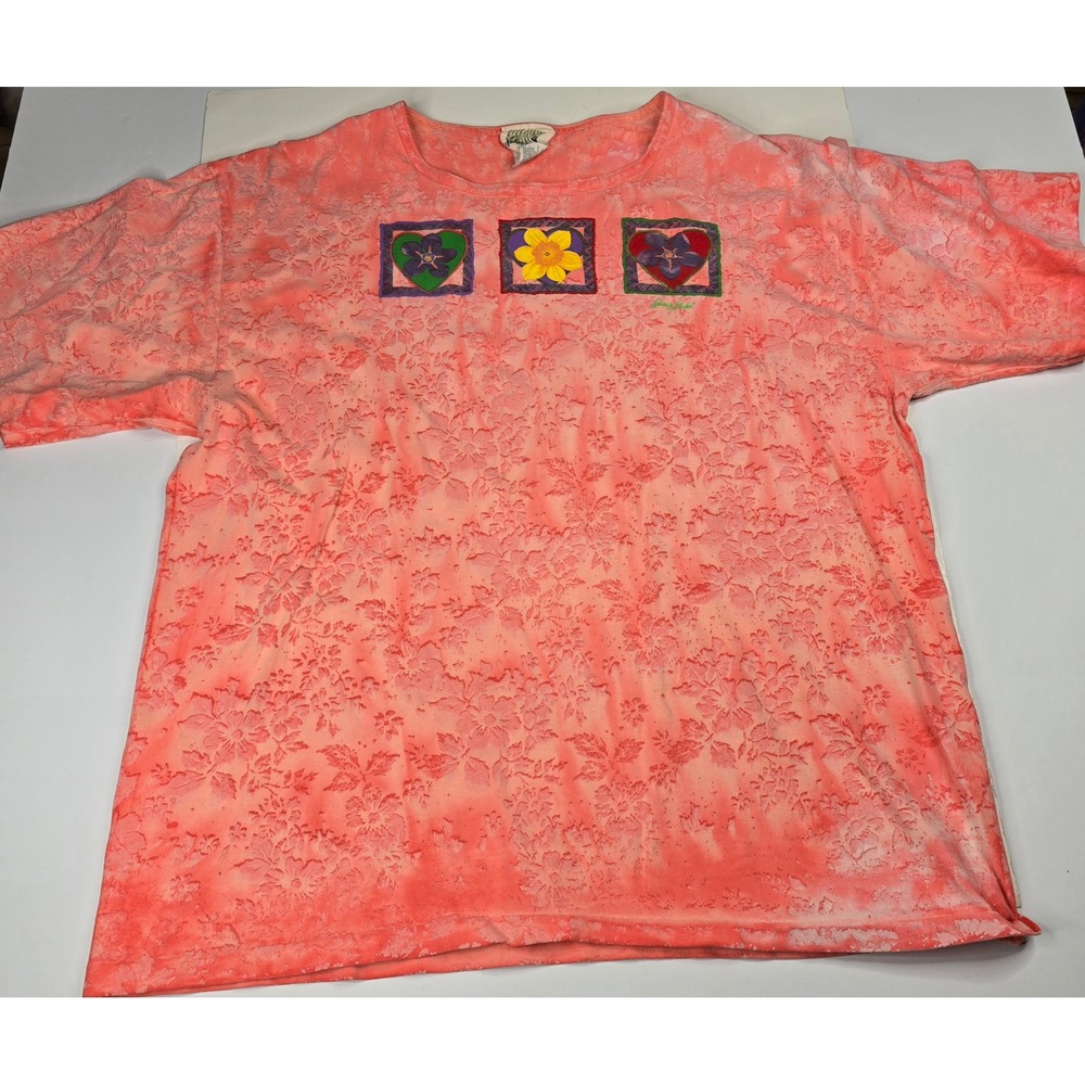 Natures Studio Vintage Coral Pink Floral Burnout Embroidered T-Shirt Large USA